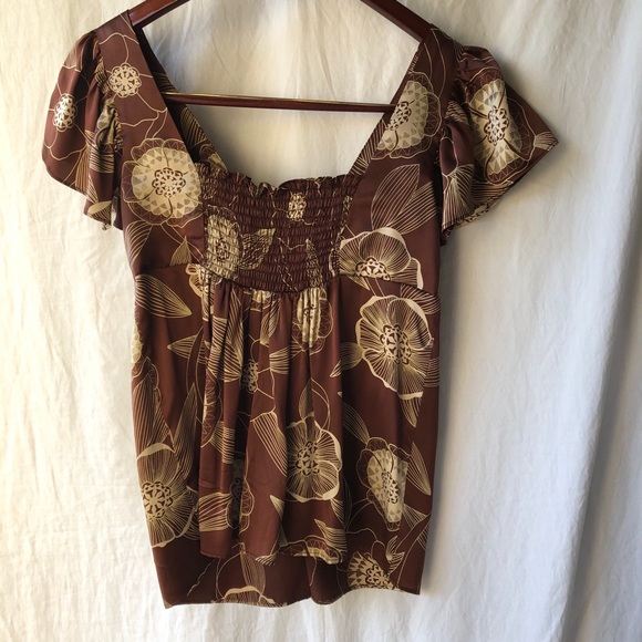 Brown silk cream floral design maternity top sz S - Picture 5 of 6